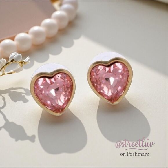 Napier Heart Stud Earrings Pink Crystal Gold Tone - Picture 4 of 4